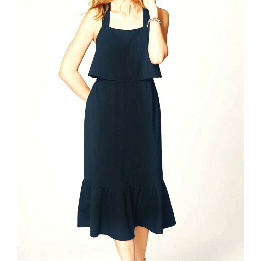 J Jill Little Black Dress Sz L Tiered Cross Strap Knit Flare Relaxed May Fit XL